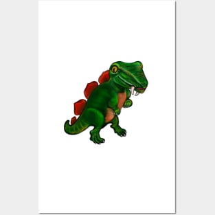 Dinosaur - green and orange dinosaur with sharp teeth fangs Posters and Art